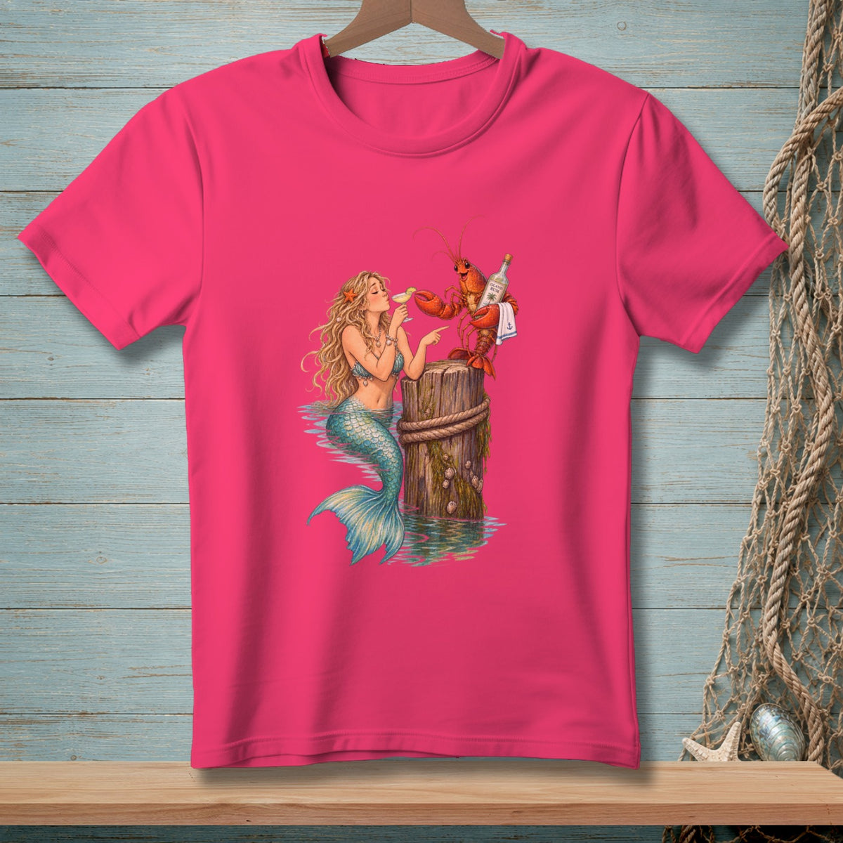 Mermaid with cocktail served by lobster on wooden post with bottle of rum.