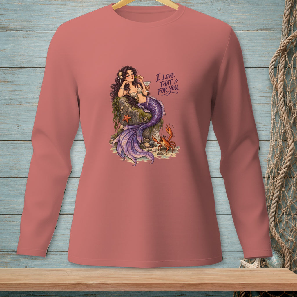 Mermaid with purple tail on rock, holding drink, with crab. "I LOVE THAT FOR YOU" text.