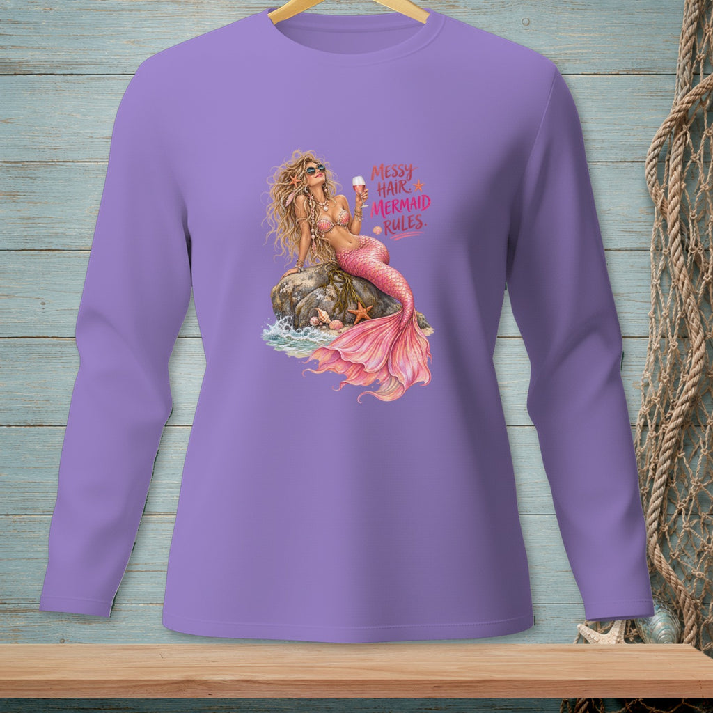 Purple long-sleeve shirt with a mermaid graphic and text "Messy Hair Mermaid Rules."