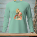 Mermaid with lobster and champagne by the sea, printed on a mint green long-sleeve shirt.