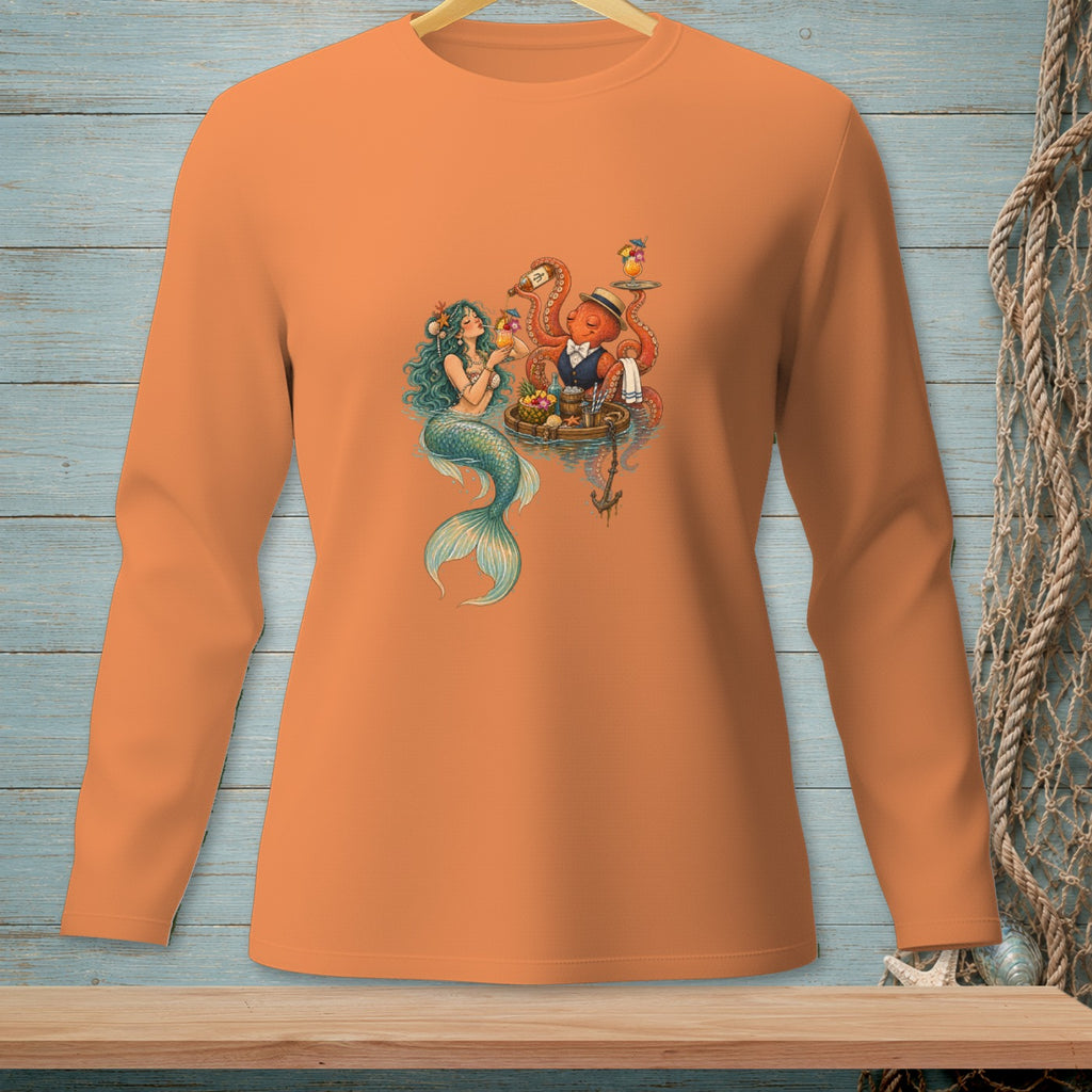 Orange long-sleeve shirt with a mermaid and octopus bartender serving drinks.