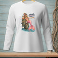 Mermaid with cocktail and "Wrong Mermaid" text on a white long-sleeved shirt.