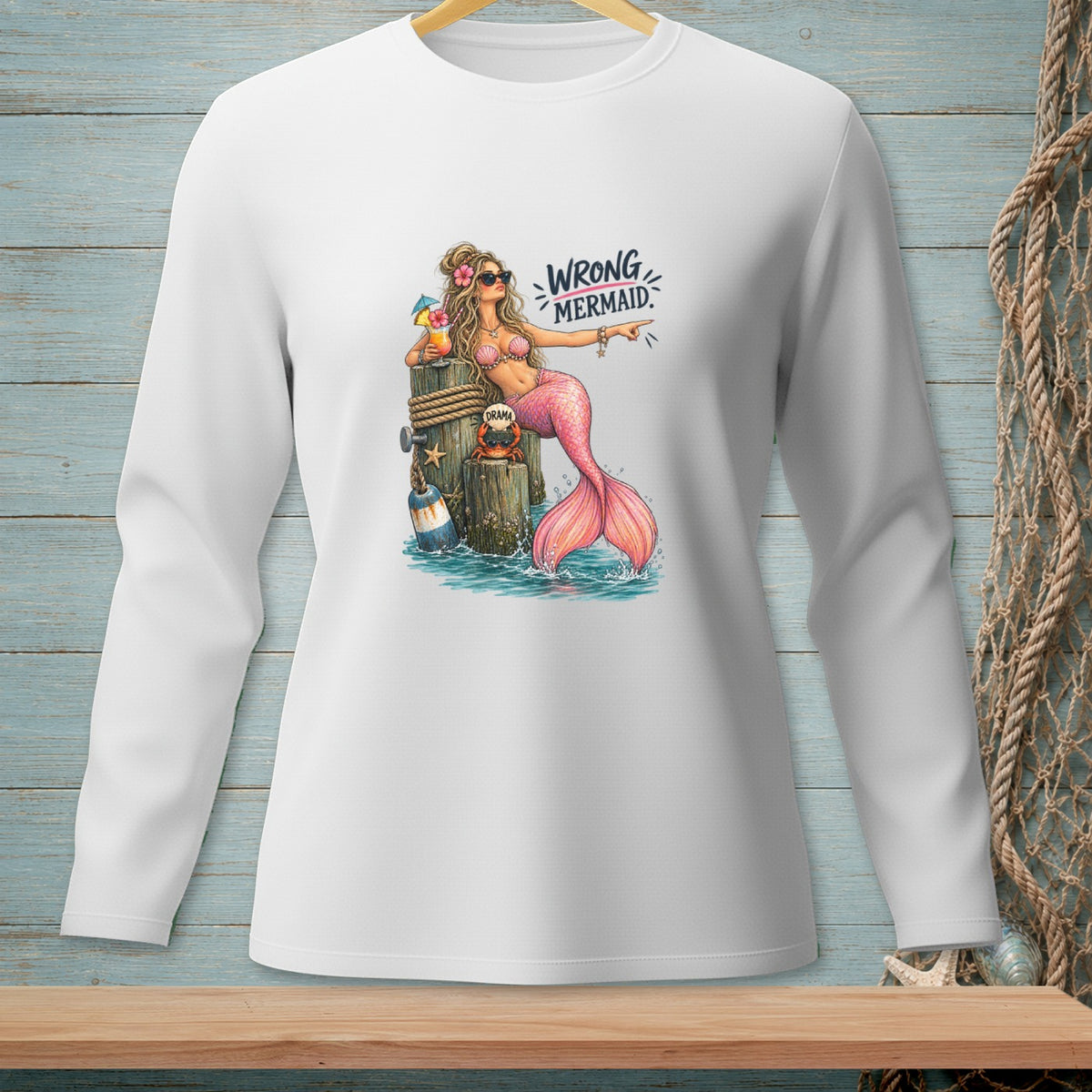 Mermaid with cocktail and "Wrong Mermaid" text on a white long-sleeved shirt.