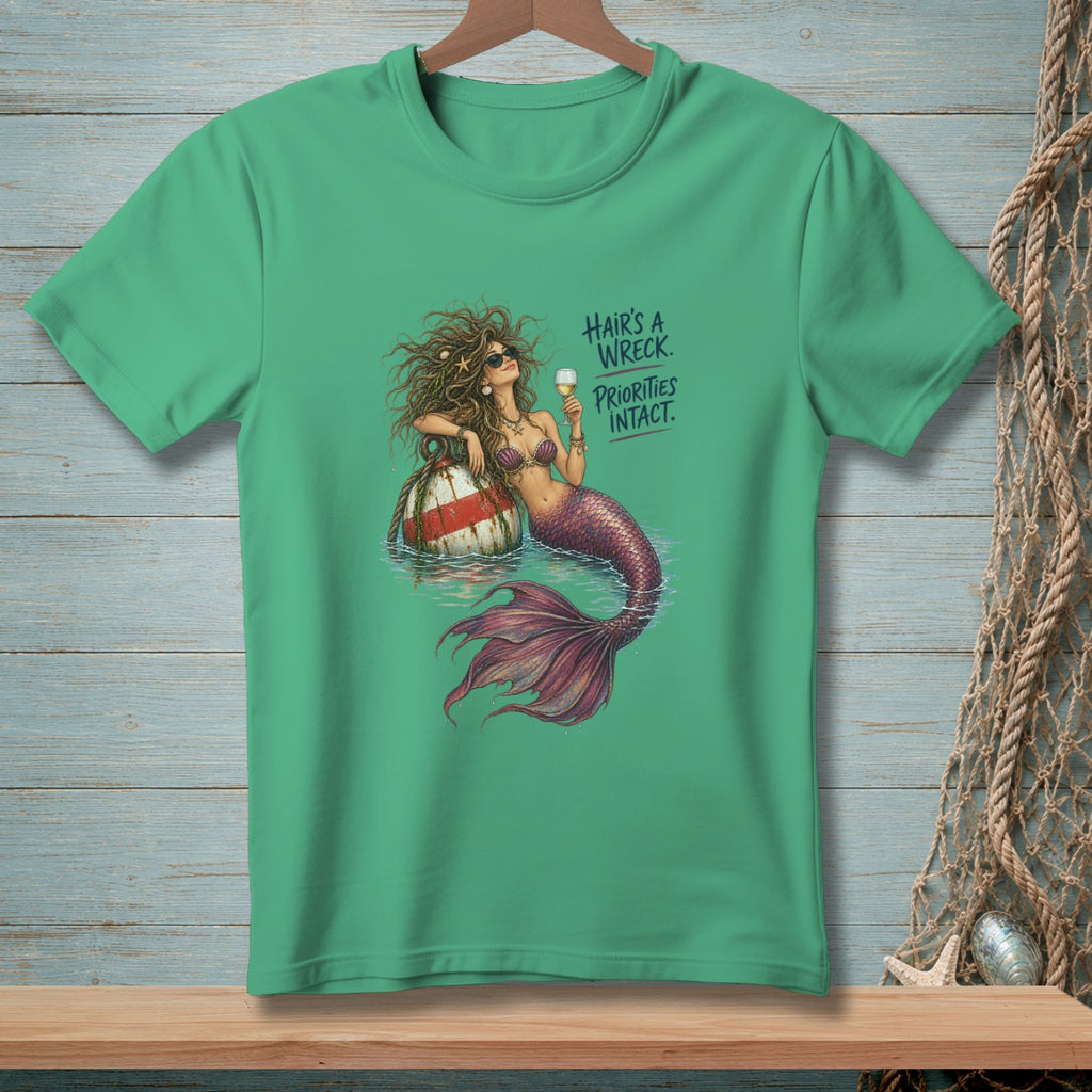 Mermaid with wine and a buoy, text reads "Hair's a Wreck. Priorities Intact."