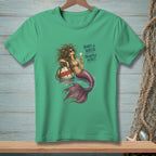 Mermaid with wine and a buoy, text reads "Hair's a Wreck. Priorities Intact."