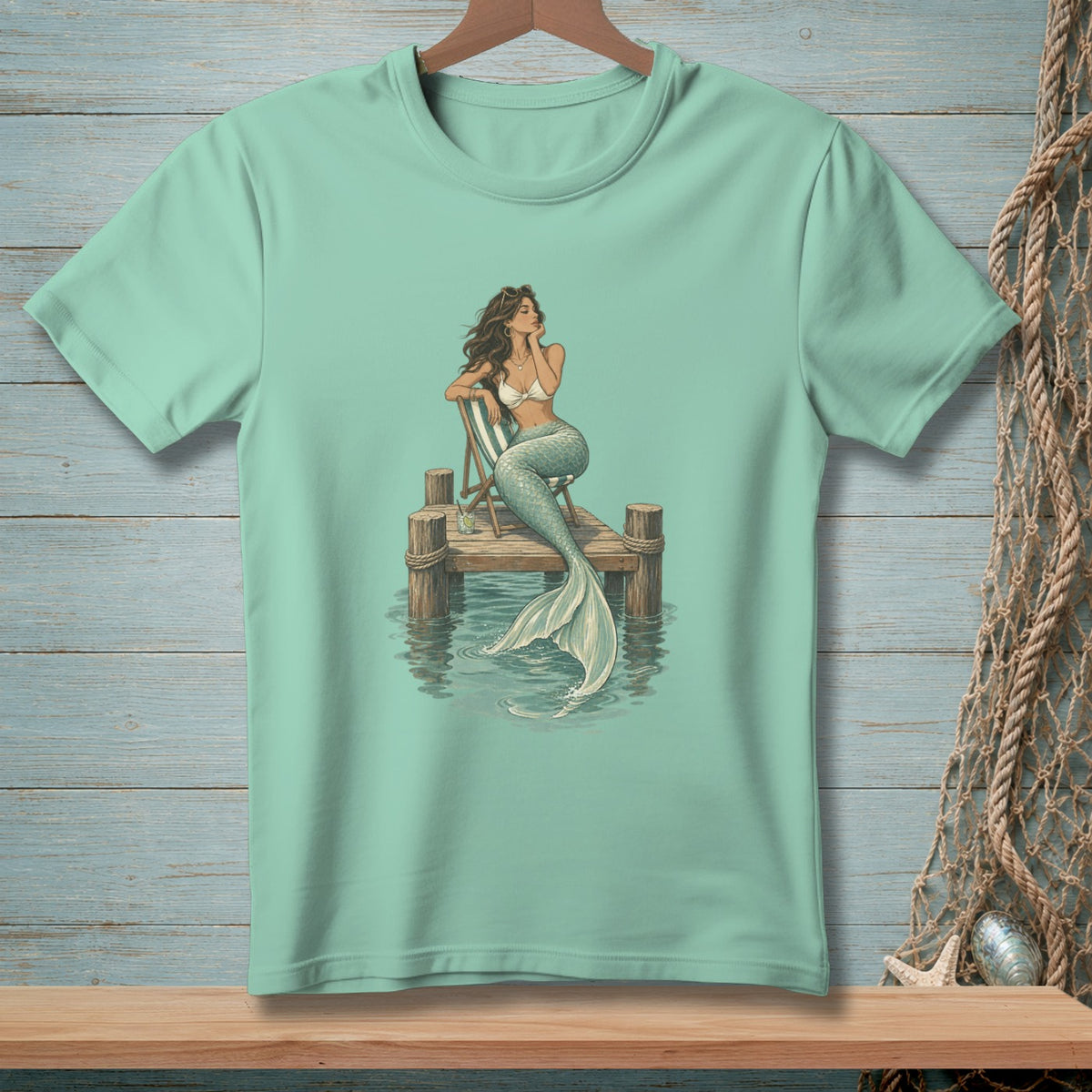 Light blue t-shirt featuring a drawing of a mermaid sitting on a dock.