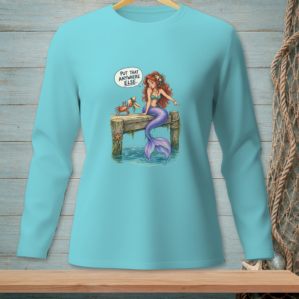 Mermaid scolding crab with seashell on dock, text "Put That Anywhere Else."