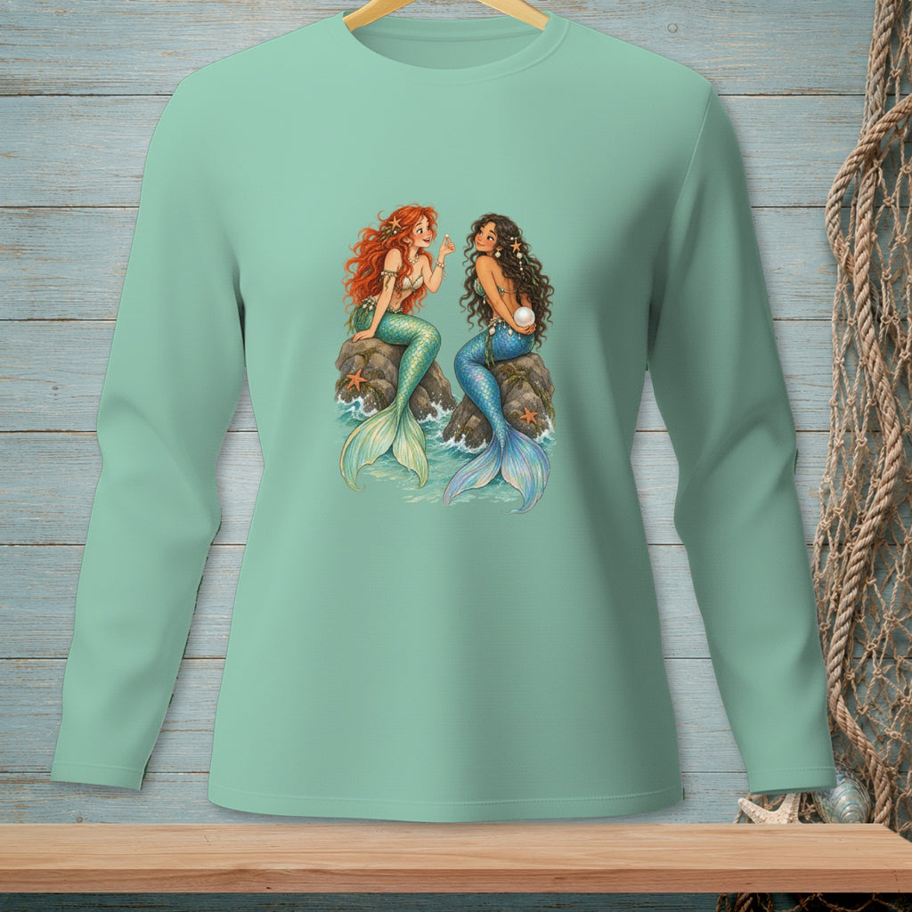 Two mermaids with colorful tails sit on rocks, one holding a pearl.