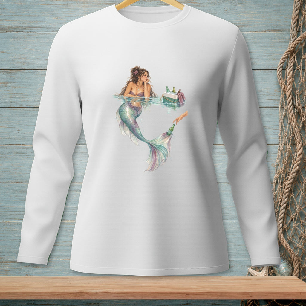 White long-sleeve shirt featuring a mermaid reaching for a bottle from a cooler.