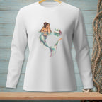 White long-sleeve shirt featuring a mermaid reaching for a bottle from a cooler.