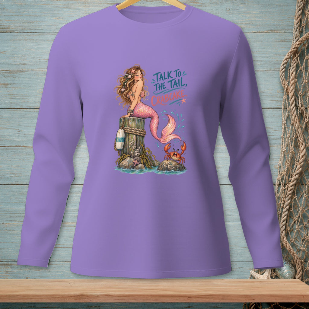 Purple long-sleeve shirt with a mermaid, crab, and text "Talk to the tail, crabcake."