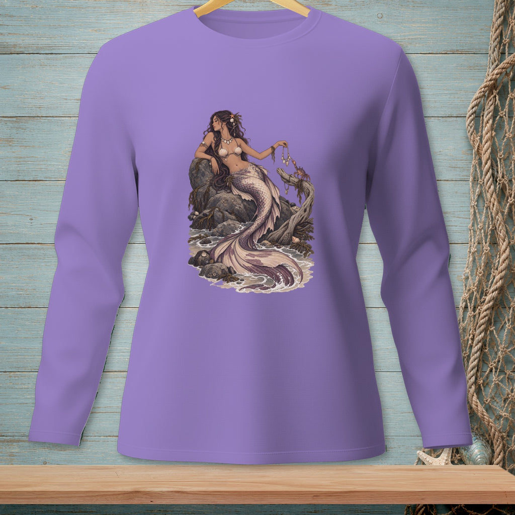 Purple long-sleeve shirt with a detailed illustration of a mermaid on a rock by the sea.