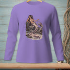 Purple long-sleeve shirt with a detailed illustration of a mermaid on a rock by the sea.