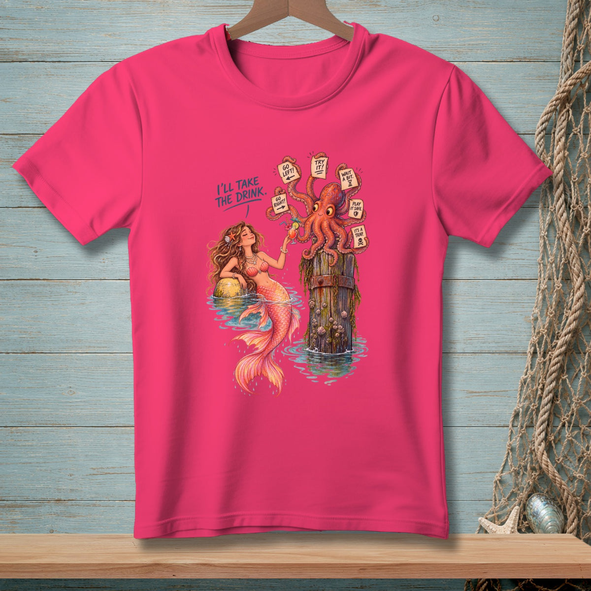 Mermaid holding a drink next to an octopus with multiple signs.
