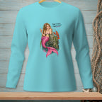 Mermaid with pink tail and drink talks to a lobster; text says "That's nice. What else?"