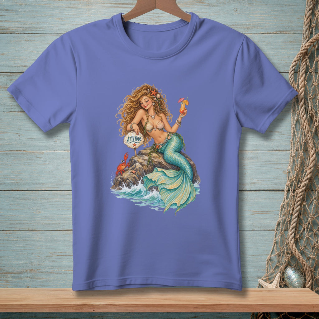 Mermaid with cocktail and crab sits on a rock, holding a sign that says "Attitude".