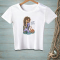 White t-shirt with a mermaid and octopus graphic and text.