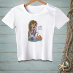 White t-shirt with a mermaid and octopus graphic and text.