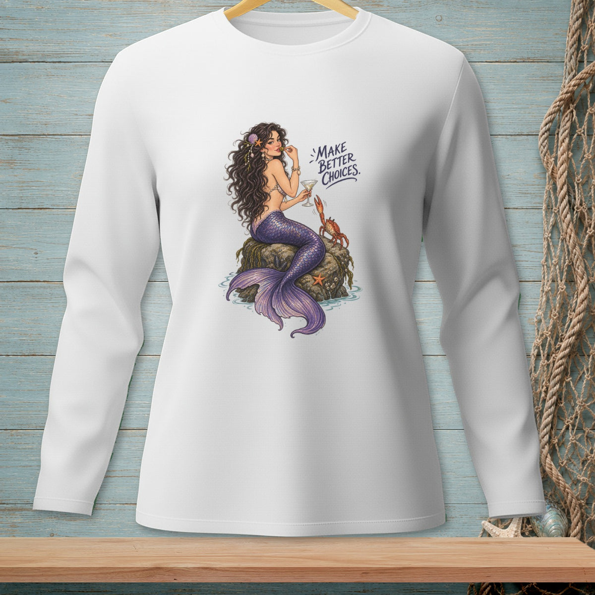 Mermaid with crab and starfish, holding a drink, with "Make Better Choices" text.