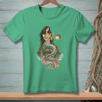 Green t-shirt with a mermaid filing a pufferfish's nails.