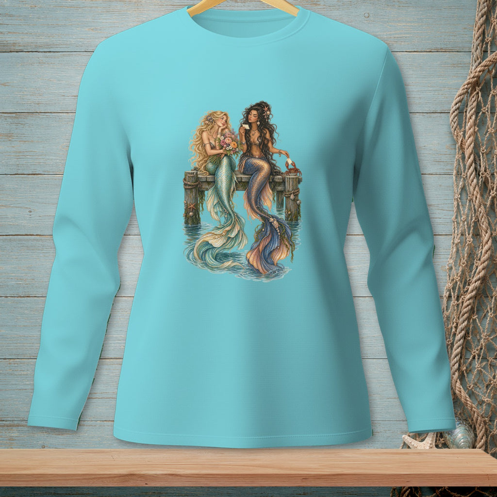 Two mermaids sit on a dock, one with blond hair holding flowers, the other with dark hair.