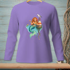 Mermaid with a drink and fishing line, a seagull on a buoy, and a fish.