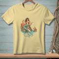 Yellow t-shirt with a mermaid, octopus, crab, and seashell graphic.