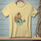 Yellow t-shirt with a mermaid, octopus, crab, and seashell graphic.