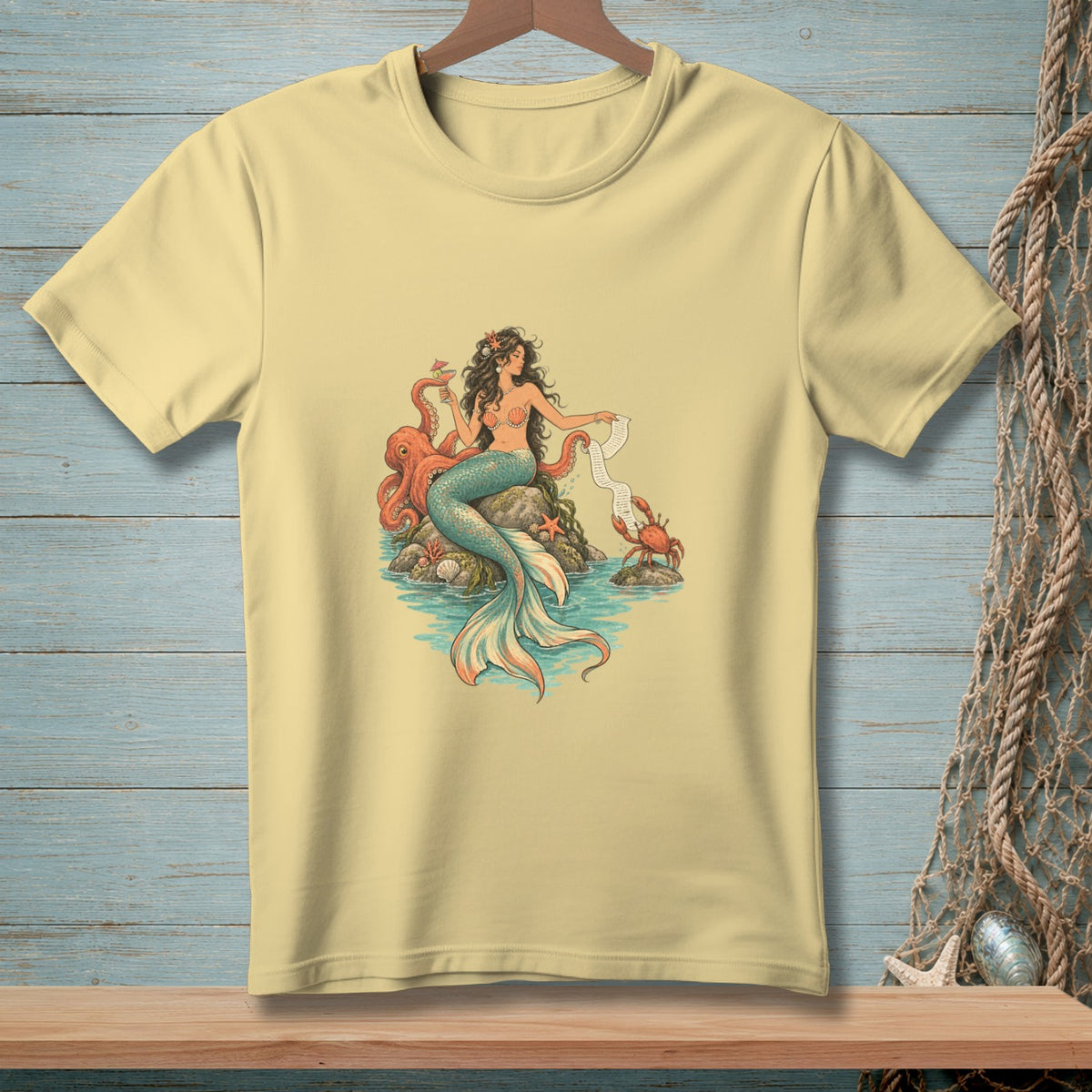 Yellow t-shirt with a mermaid, octopus, crab, and seashell graphic.