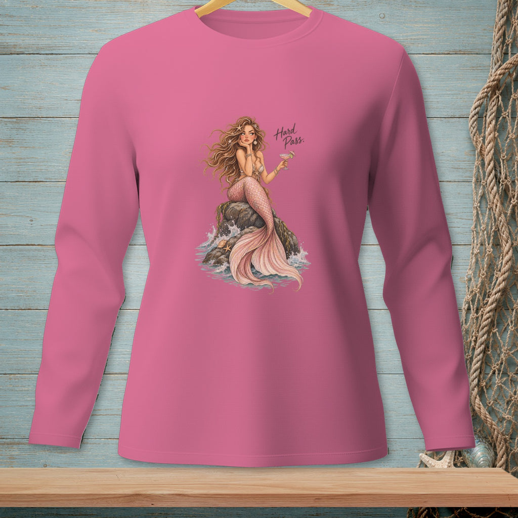 Pink long-sleeve shirt with mermaid graphic and text "Hard Pass".