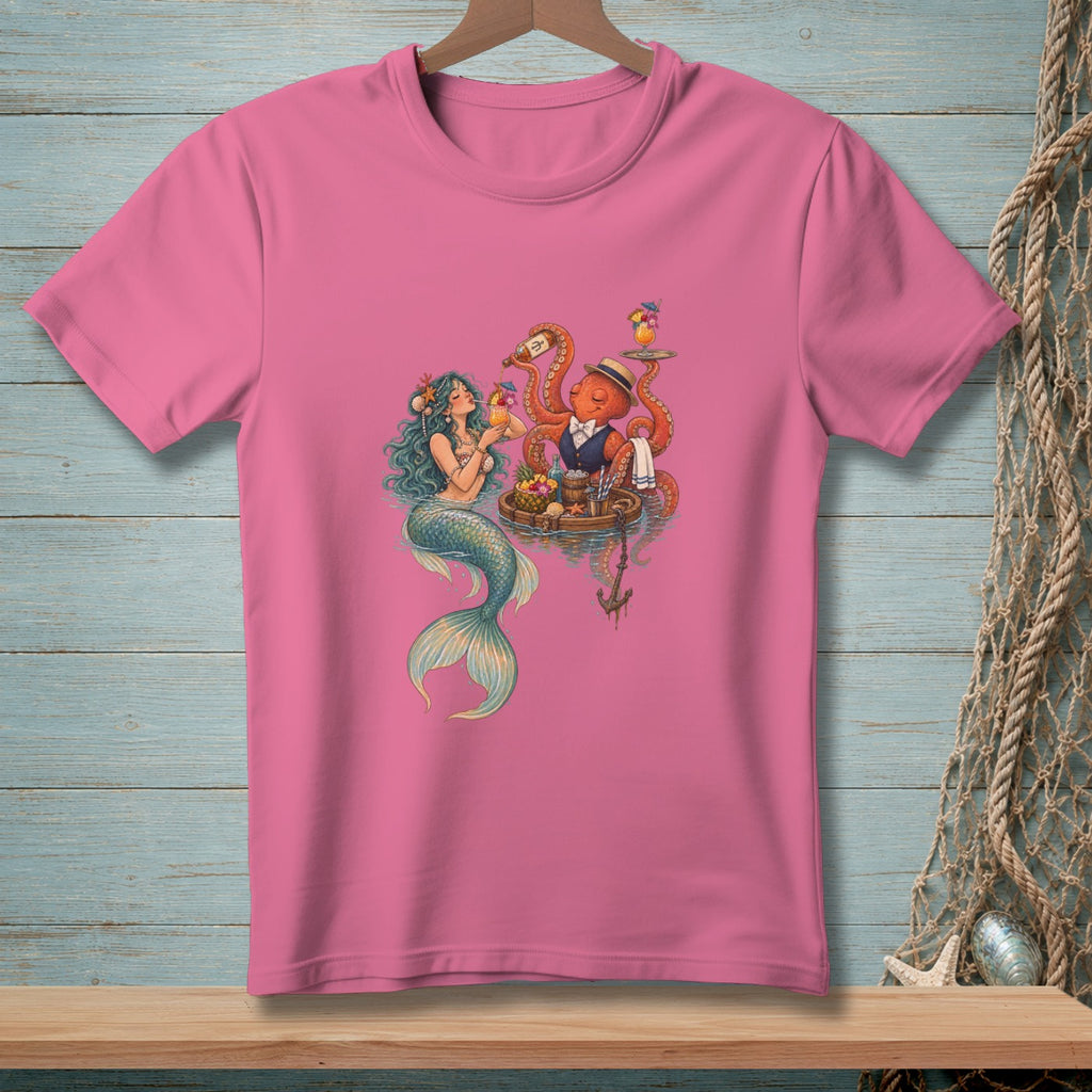 Mermaid and octopus bartender serving drinks on a raft with fruit and anchor.