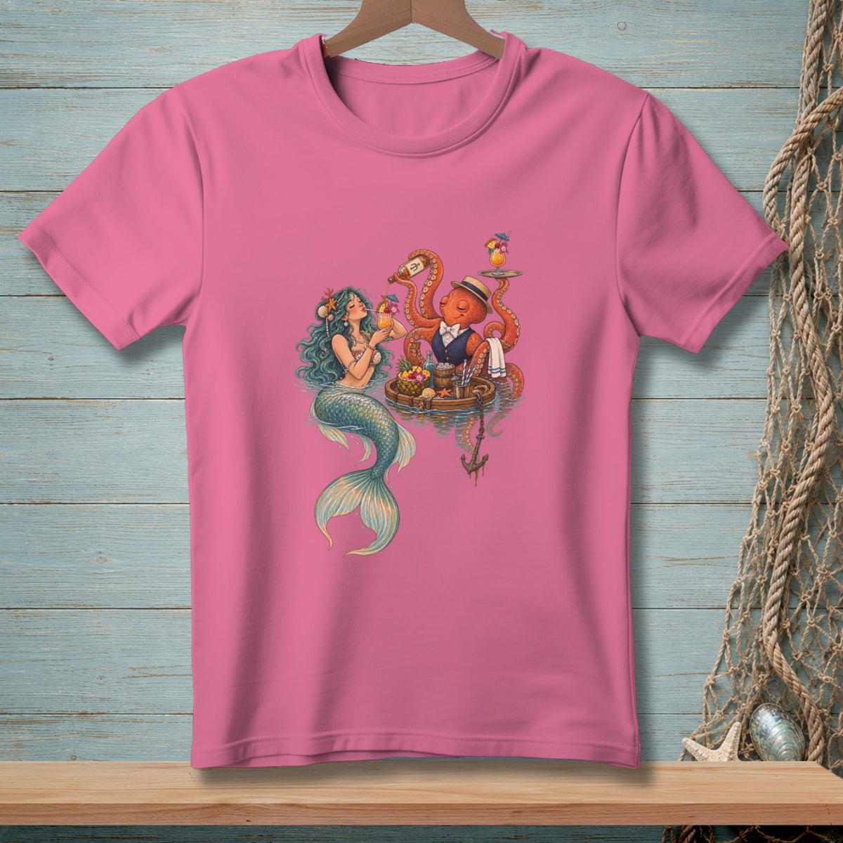 Mermaid and octopus bartender serving drinks on a raft with fruit and anchor.