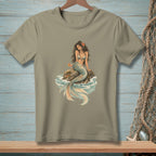 T-shirt with a mermaid sitting on a rock with waves and a cocktail.