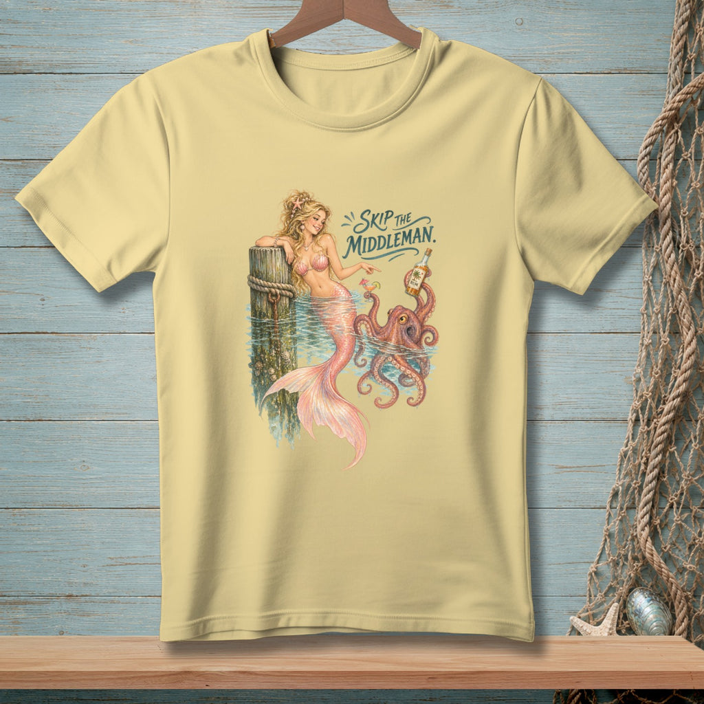 Mermaid and octopus with rum bottle, text "Skip the Middleman."