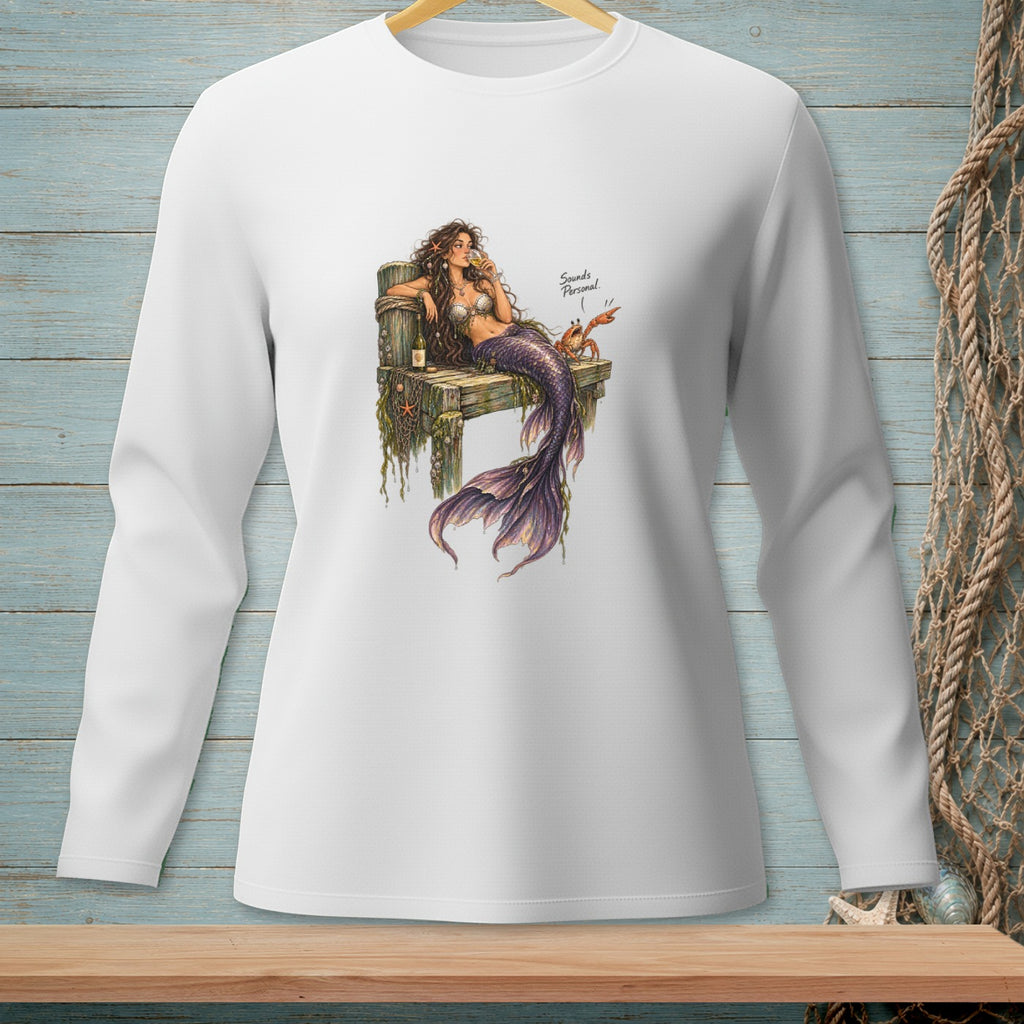 Mermaid with wine and crab on a dock, text "Sounds Personal."