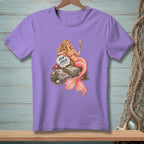 Purple t-shirt with a blonde mermaid holding a martini glass and sitting on a rock.