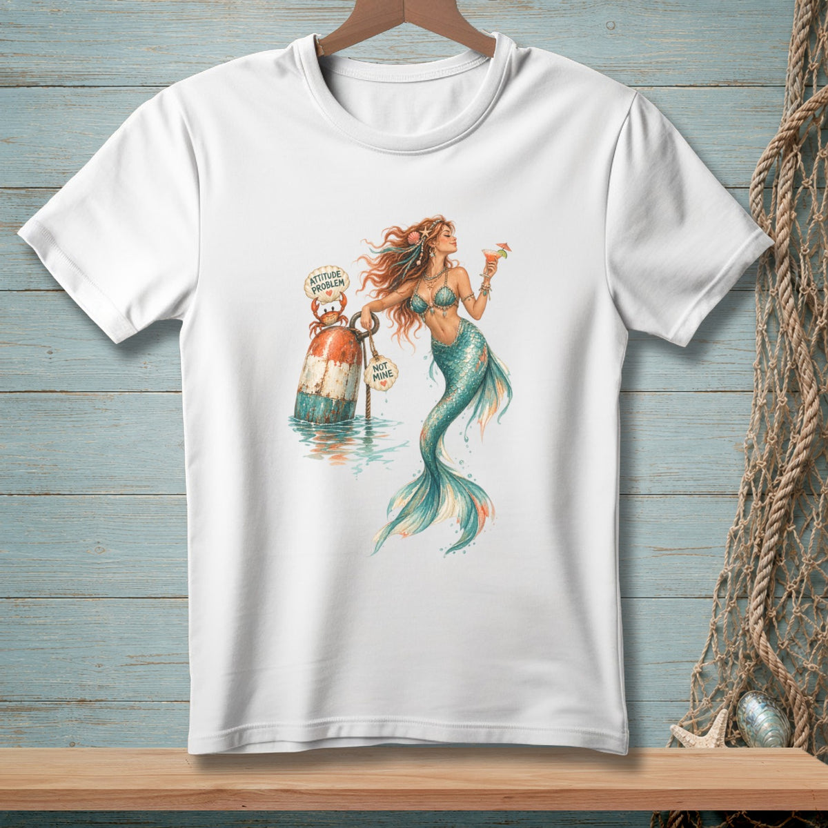Mermaid with cocktail and crab on buoy reading "ATTITUDE PROBLEM" and "NOT MINE."