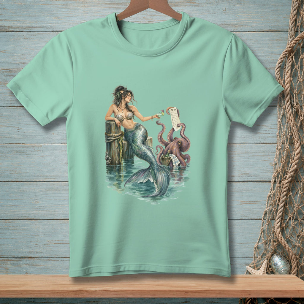Mermaid with octopus holding a "To Do" list near a dock.