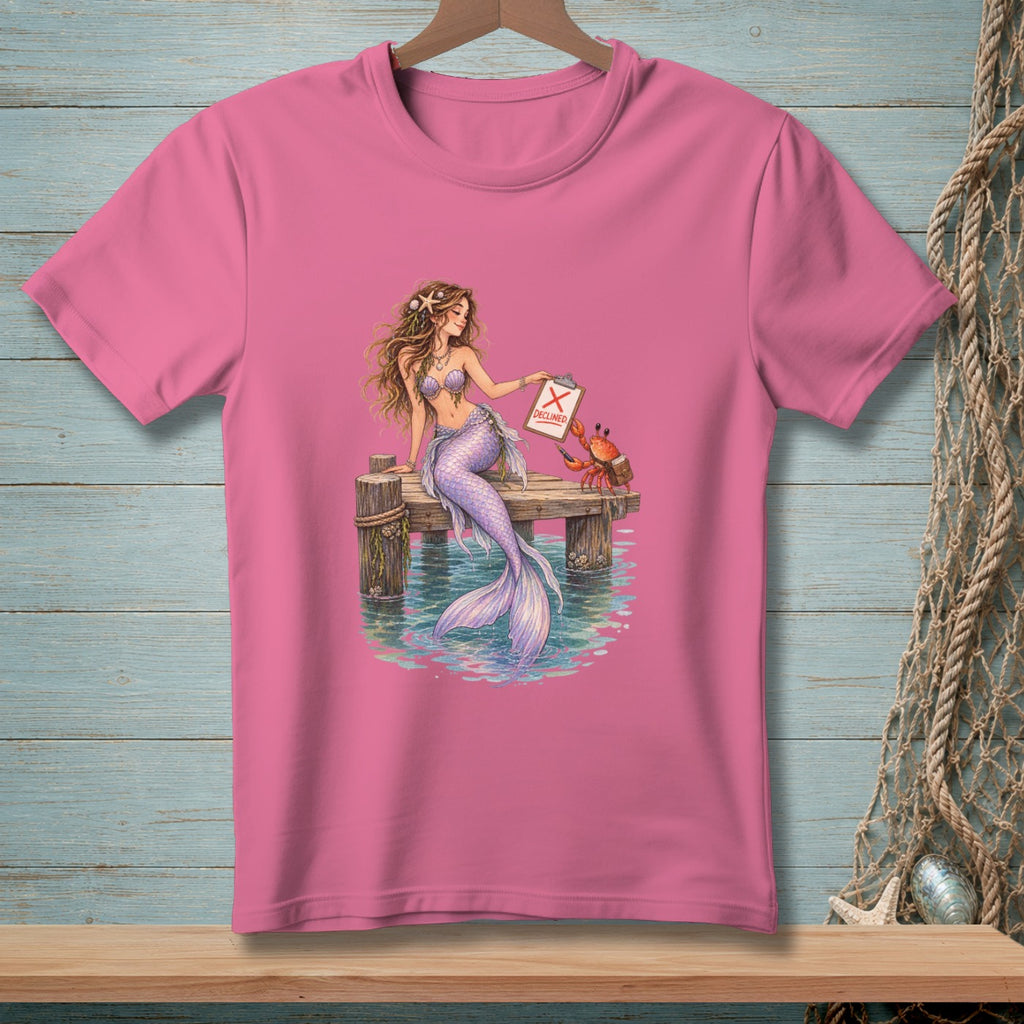 Mermaid and crab on dock with declined form and water.