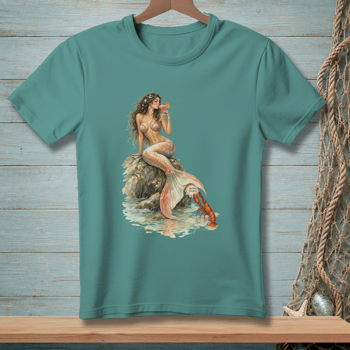 Mermaid with lobster and drink on rock, with "Second Chance" text on tail.