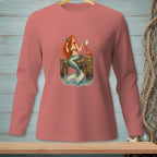Mermaid and crab on a pier, looking in a mirror.