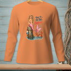 Orange long-sleeve shirt with mermaid, crab, and "Talk to the tail, crabcake" text.