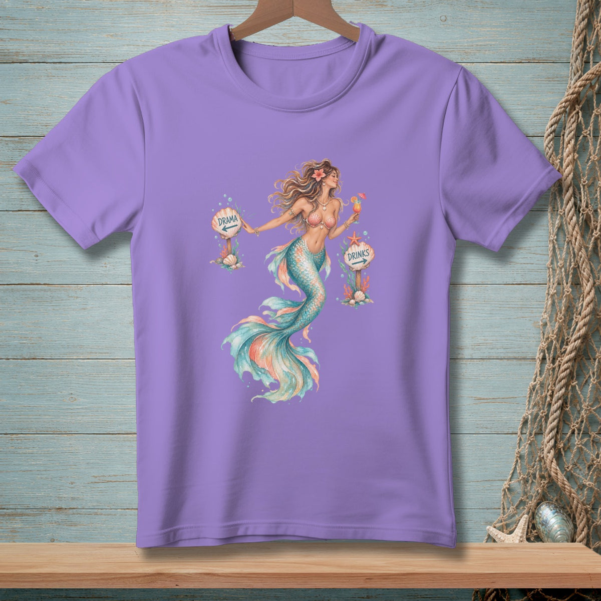 Purple t-shirt with a watercolor mermaid holding a drink and signs for "Drama" and "Drinks".