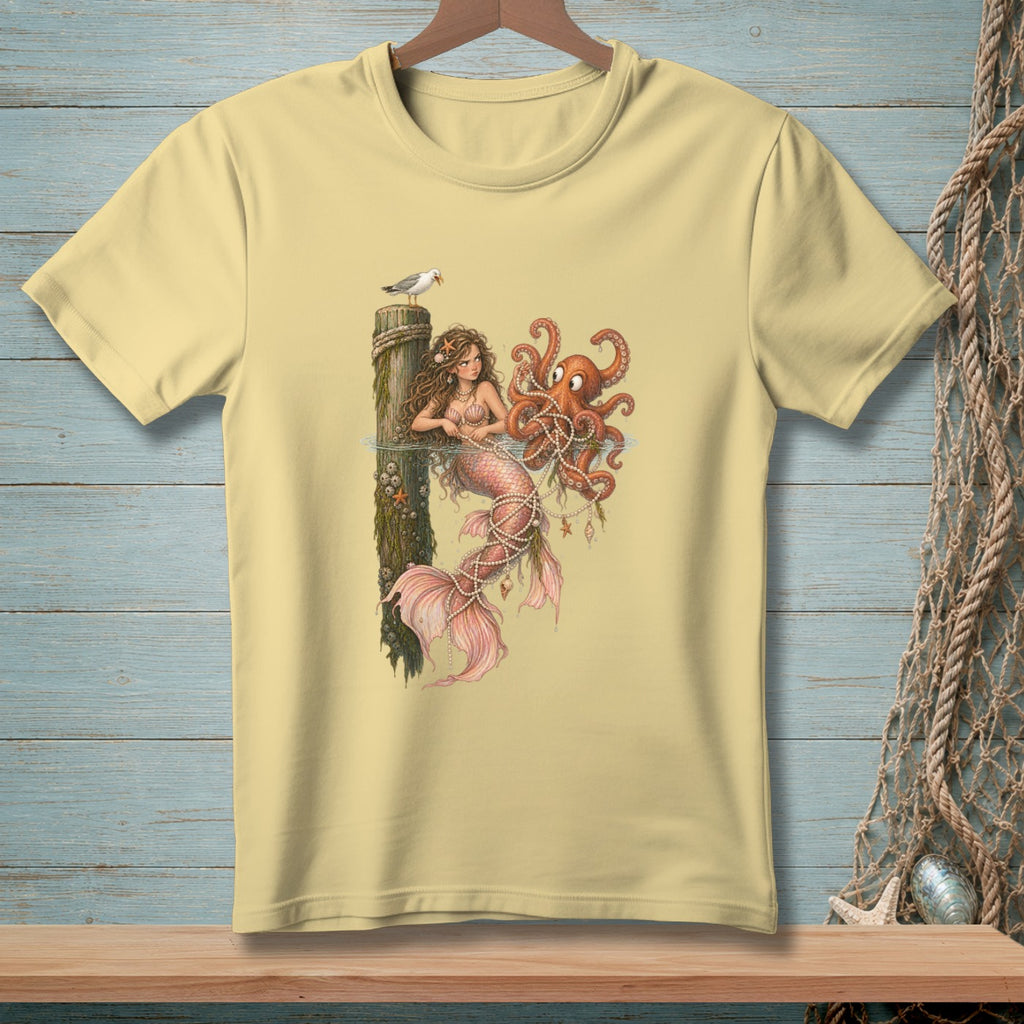 Mermaid with octopus and pearls on a pier, with a seagull above.
