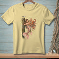 Mermaid with octopus and pearls on a pier, with a seagull above.