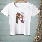 White t-shirt with a mermaid and octopus graphic and text.