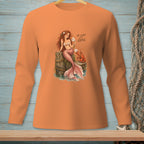 Orange long-sleeve shirt with a mermaid holding letters and a lobster, reading "AT LEAST IT'S USEFUL."