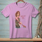 Pink t-shirt with mermaid and crab illustration and "Unclaw Me" text.