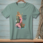 Mermaid with pink tail and crab on pier, text "Crabby isn't a personality, Kevin."