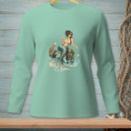 Long sleeve mint green shirt featuring a mermaid lounging on rocks with a drink.